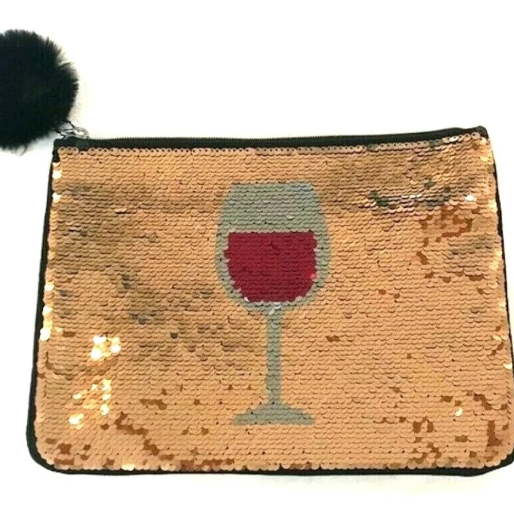 New Stella & Dot Sequin Flip Wine Party Fun Clutch Bag Pouch Pom Pom Black Gold